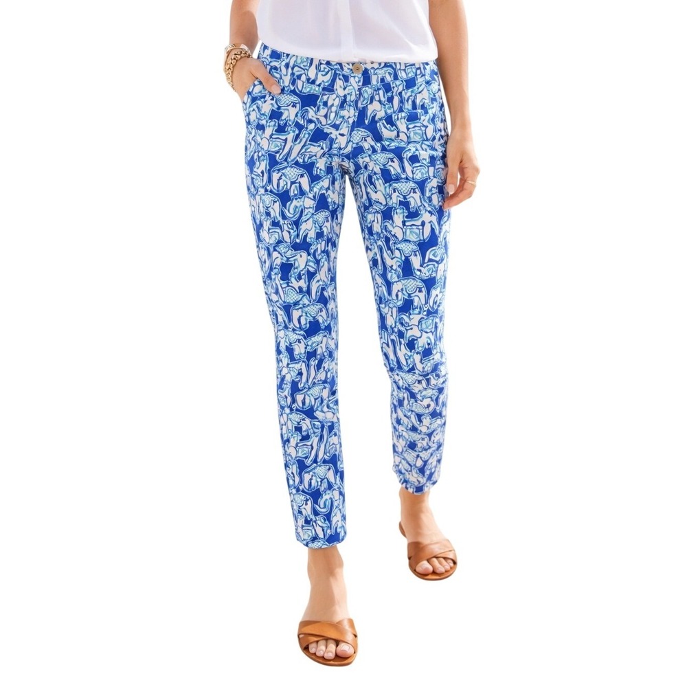 Lilly Pulitzer Kelly Pants Get Trunky Blue Elephant Print Size 2 Elephants White
